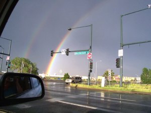 Double-rainbow in the sky southeast of Denver.